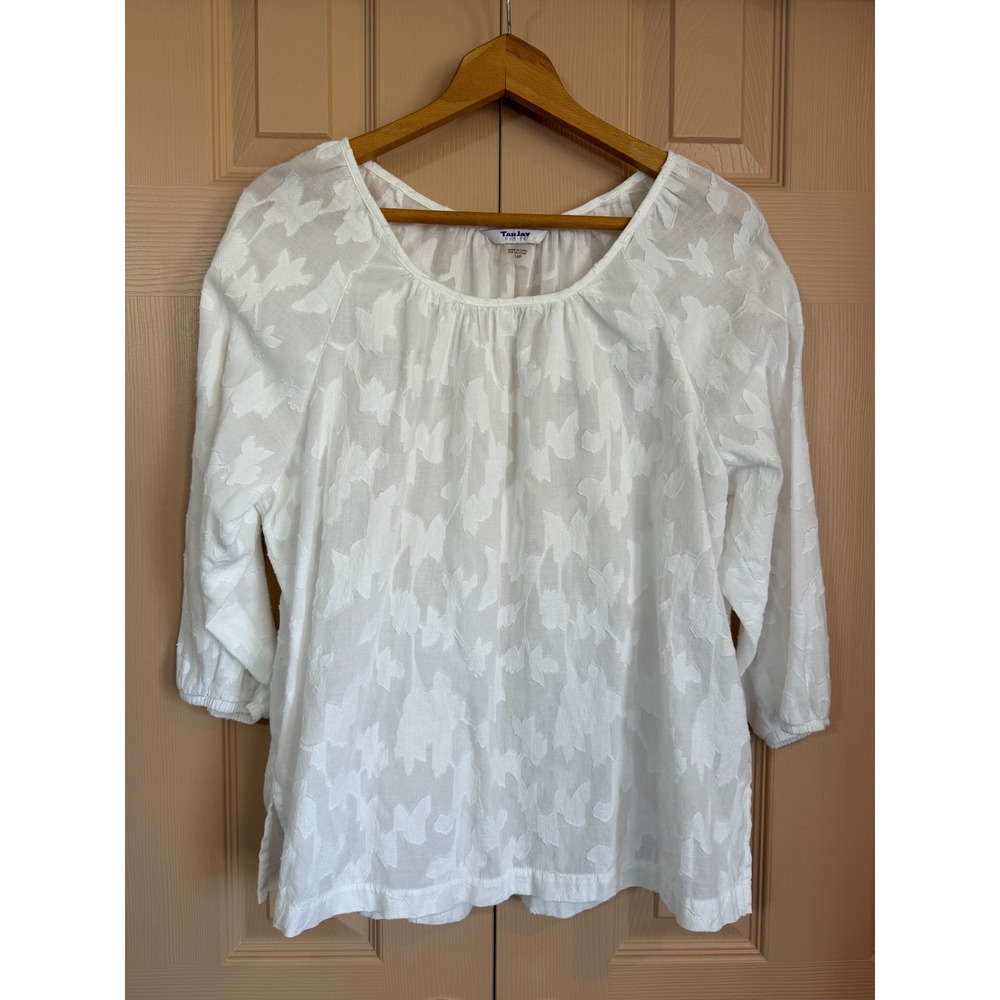 Cottagecore White Floral Jacquard Peasant Blouse 3/4 Sleeve Tanjay Top 14P
